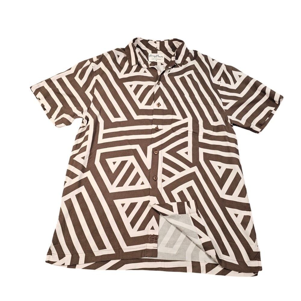 Kenny Flowers Men's Rayon Button Down‎ Brown Geometric Maze Print Shirt Size M